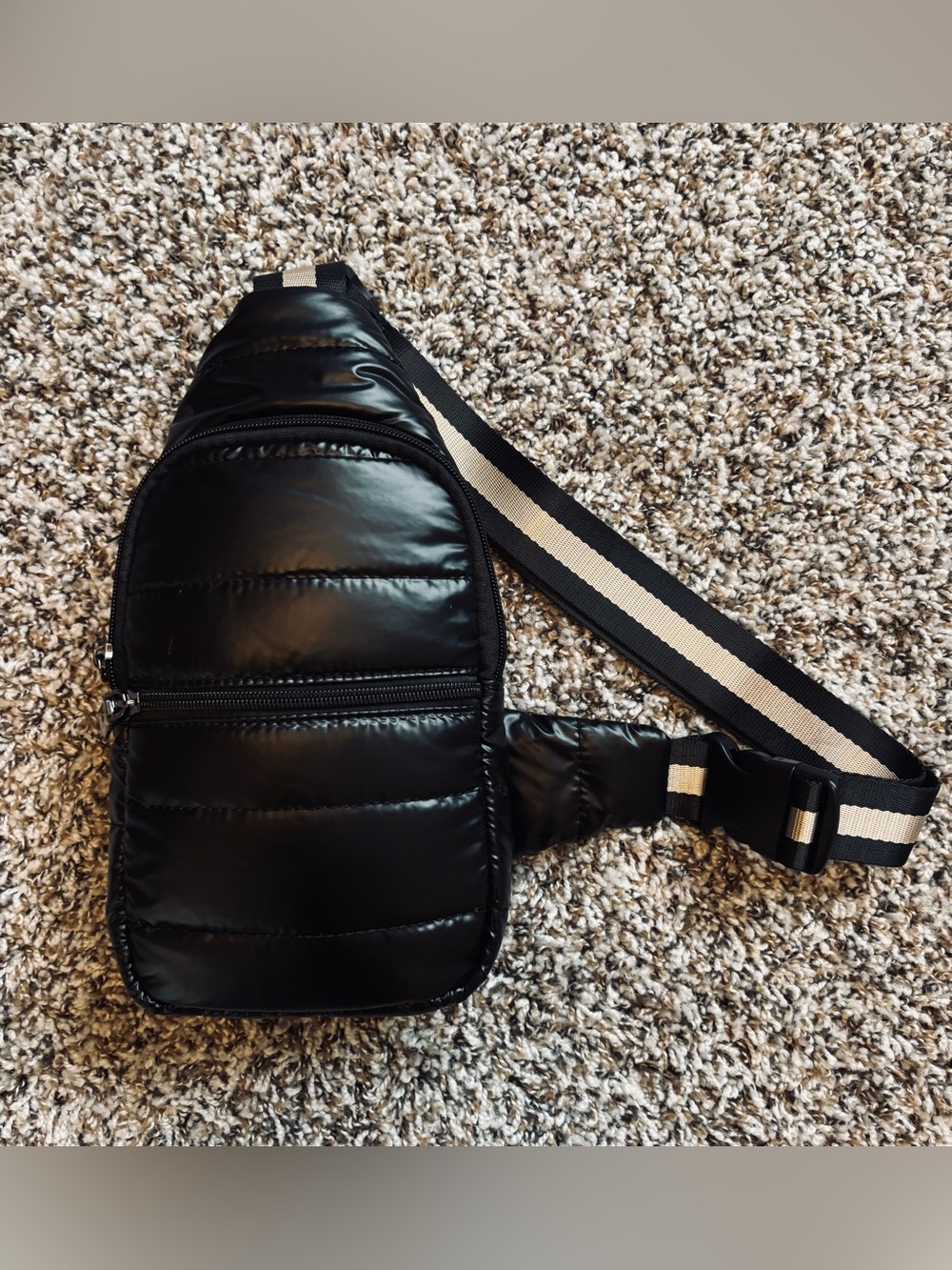 Lemonbella Black Quilted Crossbody Sling Bag with Striped Strap